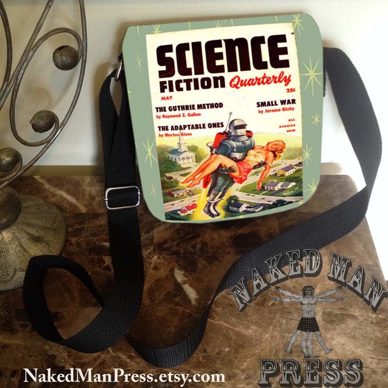 Rocket Pack Rescue, Vintage Pulp Science Fiction Magazine, Black Small Shoulder Bag, Cross Body image 1