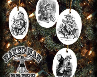 Olde Father Christmas Black and White Ornaments, Set of Four, Porcelain with Gold Cord