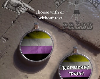 Nonbinary Pride Flag, Round Bezel Pendant, FREE ball chain included, Choice of Text, No Text, or Custom Text