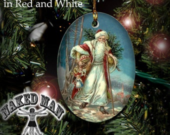 Victorian Santa in Red and White, Porcelain with Gold Cord