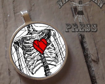 Fixed Heart, FREE ball chain included, Anatomical Rib Cage, Round Bezel Pendant