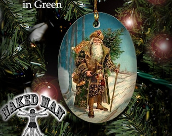 Victorian Santa in Green, Porcelain with Gold Cord