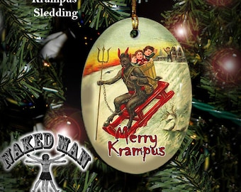 Krampus Ornament, Sledding Fun, Porcelain with Gold Cord
