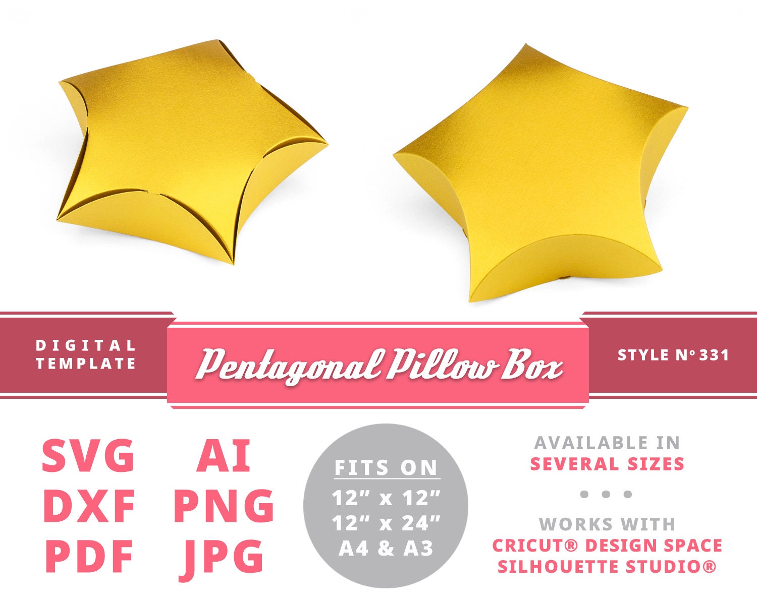 PENTAGONAL PILLOW BOX Cinq étoiles Téléchargement instantané Boîte numérique imprimable Modèle Cricut Silhouette Svg Dxf Boîte d’oreiller Modèle Carnival Party