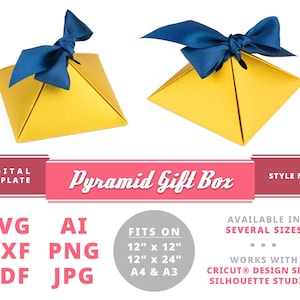 Puede incluir: Dos cajas de regalo piramidales doradas con lazos azul marino. La imagen incluye el texto "Pyramid Gift Box" y "Style N° 328". La plantilla digital está disponible en SVG, DXF, PDF, AI, PNG y JPG. Se adapta a tamaños de 30.5cm x 30.5cm, 30.5cm x 61cm, A4 y A3.