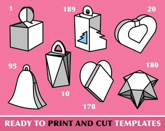 Collection of 7 Printable Party Boxes Wedding Money Box Twisted Gift Box Heart Gift Box Bell Gift Box Six Point Star Fire-Tree Gift Box Pdf
