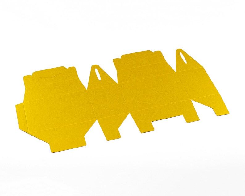 May include: A flat, gold-colored cardboard box with a cut-out handle. The box is unfolded and ready to be assembled.