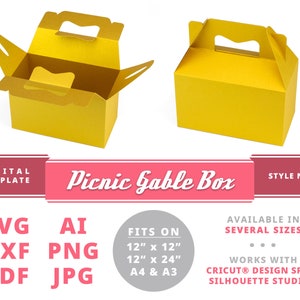 May include: A digital template for a yellow picnic gable box. The template is available in several sizes, including 12 inches by 12 inches, 12 inches by 24 inches, A4, and A3. The template is compatible with Cricut Design Space and Silhouette Studio.