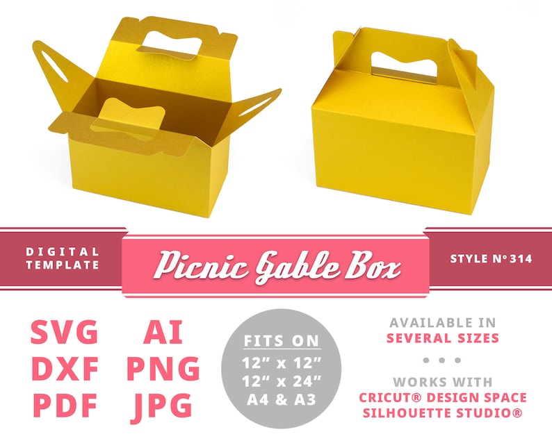 May include: A digital template for a yellow picnic gable box. The template is available in several sizes, including 12 inches by 12 inches, 12 inches by 24 inches, A4, and A3. The template is compatible with Cricut Design Space and Silhouette Studio.