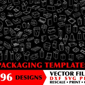 296 Packaging Templates in DXF SVG and PDF formats. Resize as needed in Adobe Illustrator, Photoshop, AutoCAD, ImpactCAD, Engview, ArtiosCAD