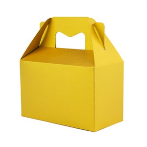 May include: A yellow cardboard box with a handle. The box is designed for carrying and has a simple, plain design.
