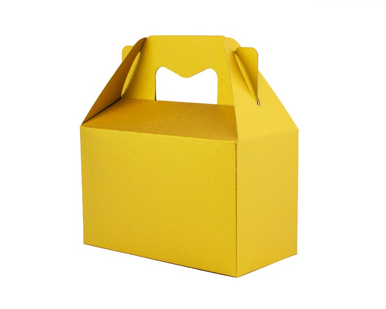 May include: A yellow cardboard box with a handle. The box is designed for carrying and has a simple, plain design.