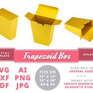 CAIXA TRAPEZOIDE Download instantâneo modelo de caixa digital para impressão Cricut Silhouette Svg Dxf Caixa de boas-vindas para casamento Caixa de cartão com caixa de cartão com bloqueio dourada