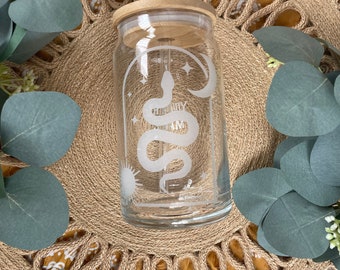 Hand Illustrated 16oz Glass Tumbler with Bamboo Lid and Glass Straw Many Designs Available