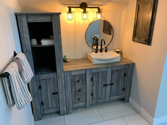 Reclaimed Wood Bathroom Vanity and Linen Tower