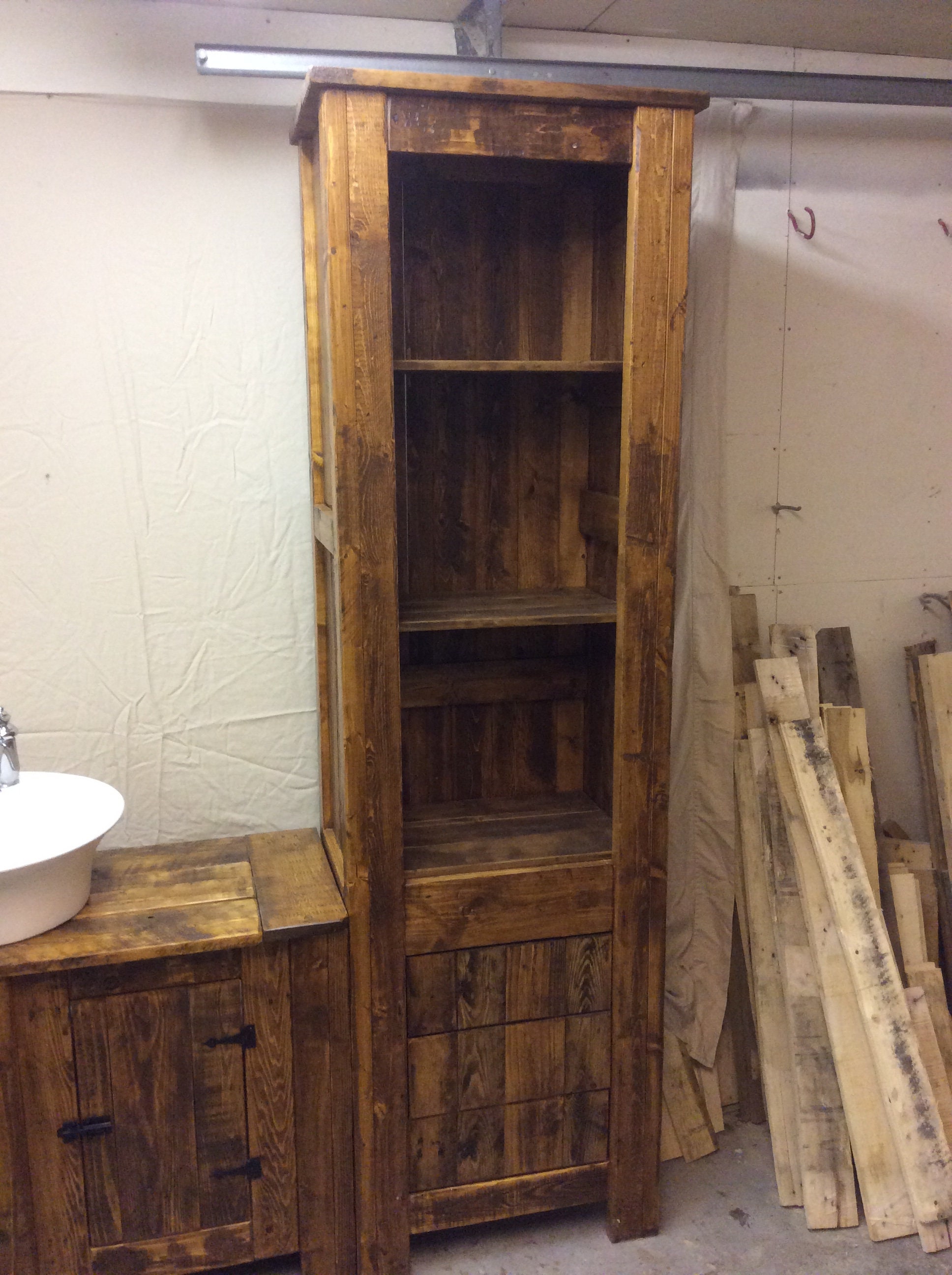 Rustic Reclaimed Wood Bathroom Vanity and Storage Cupboard