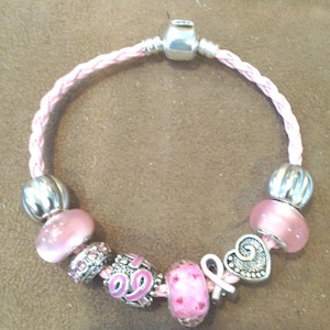 Pink Ribbon Charm Bracelet: Breast Cancer Awareness, Murano Lampwork Beads