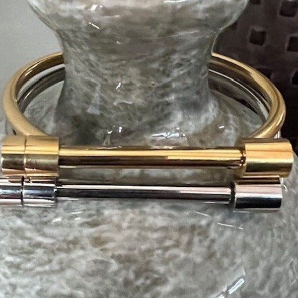 Screw Cuff Silver or Gold Bracelet Steel Screw Polished Bar Bangle Women Men Hardware Bracelet