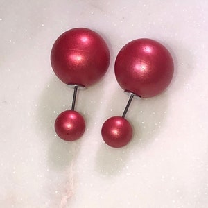 RED Earrings Double sided Matte Double Ball Stud Tribal Front Back High Low Cuff Pearl Jacket Double Earring Birthstone