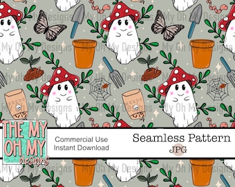 Garden ghost, gardening, cottage core, summer, creepy, cute, spooky, halloween - Seamless Pattern - JPG File - Digital Paper