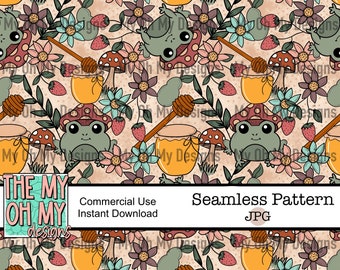 Cottagecore, nature, frog, mushroom, honey, plants Seamless Pattern - JPG File - Digital Paper