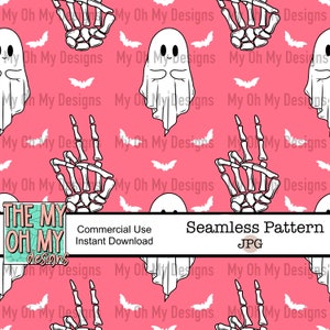 Ghost, Skeleton Hand Peace Sign, Bats, Halloween, Spooky, Fall - Seamless Pattern - JPG File - Digital Paper