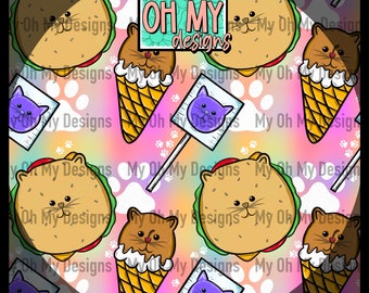 Cute cat face food, burger, ice cream, lollipop sucker - Seamless Pattern - JPG File - Digital Paper