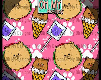 Cute cat face food, burger, ice cream, lollipop sucker - Seamless Pattern - JPG File - Digital Paper