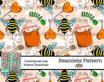 Bee, Honey, Honeycomb, Hearts, Valentines Day - Seamless Pattern - JPG File - Digital Paper