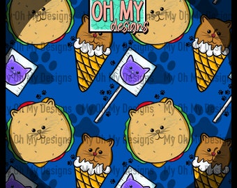 Cute cat face food, burger, ice cream, lollipop sucker - Seamless Pattern - JPG File - Digital Paper