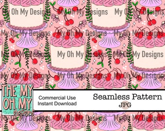 Cherry Cakes, Cherries, Fruit - Seamless Pattern - JPG File - Digital Paper