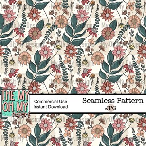 boho flowers, floral, vintage retro vibes - Seamless Pattern - JPG File - Digital Paper