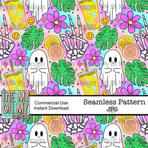 Summer ghost, lemonade, fruit, monster tropical leaf, flowers, smile - Seamless Pattern - JPG File - Digital Paper