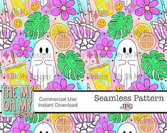 Summer ghost, lemonade, fruit, monster tropical leaf, flowers, smile - Seamless Pattern - JPG File - Digital Paper
