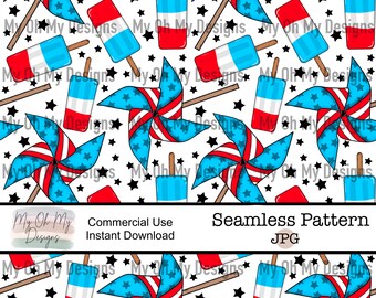 Popsicles and Pinwheels, stars and stripes, Summer, 4th of July - Seamless Pattern - JPG File - Digital Paper