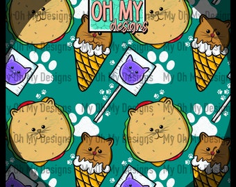 Cute cat face food, burger, ice cream, lollipop sucker - Seamless Pattern - JPG File - Digital Paper