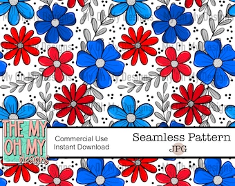 Red white blue floral, flowers, CHD, Patriotic, 4th of July - Seamless Pattern - JPG File - Digital Paper
