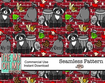 Raccoon, Trash, garbage - Seamless Pattern - JPG File - Digital Paper