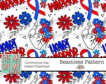 Red white blue floral, flowers, CHD, ribbon, awareness, heart warrior - Seamless Pattern - JPG File - Digital Paper