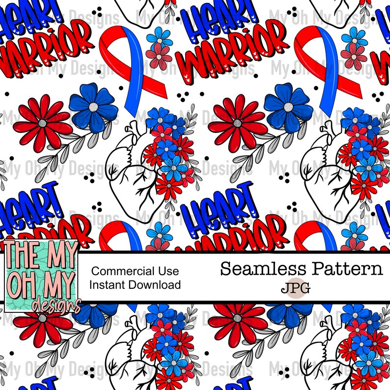 Red white blue floral, flowers, CHD, ribbon, awareness, heart warrior Seamless Pattern JPG File Digital Paper image 1