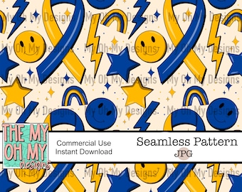Down syndrome awareness ribbon, blue and gold - Seamless Pattern - JPG File - Digital Paper