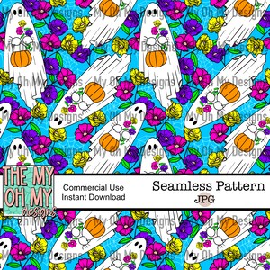 Floral ghosts, Halloween - Seamless Pattern - JPG File - Digital Paper