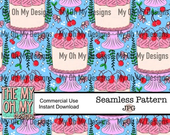 Cherry Cakes, Cherries, Fruit - Seamless Pattern - JPG File - Digital Paper