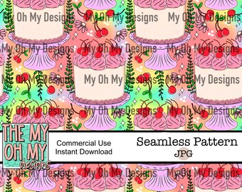 Cherry Cakes, Cherries, Fruit - Seamless Pattern - JPG File - Digital Paper