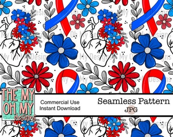 Red white blue floral, floral heart, flowers, CHD, ribbon, awareness - Seamless Pattern - JPG File - Digital Paper