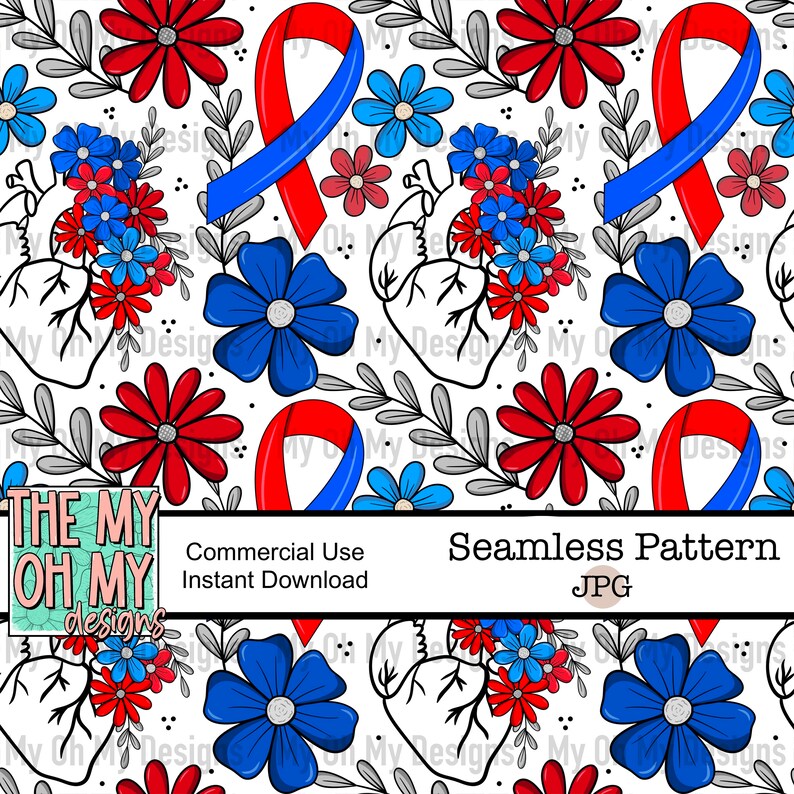 Red white blue floral, floral heart, flowers, CHD, ribbon, awareness Seamless Pattern JPG File Digital Paper image 1