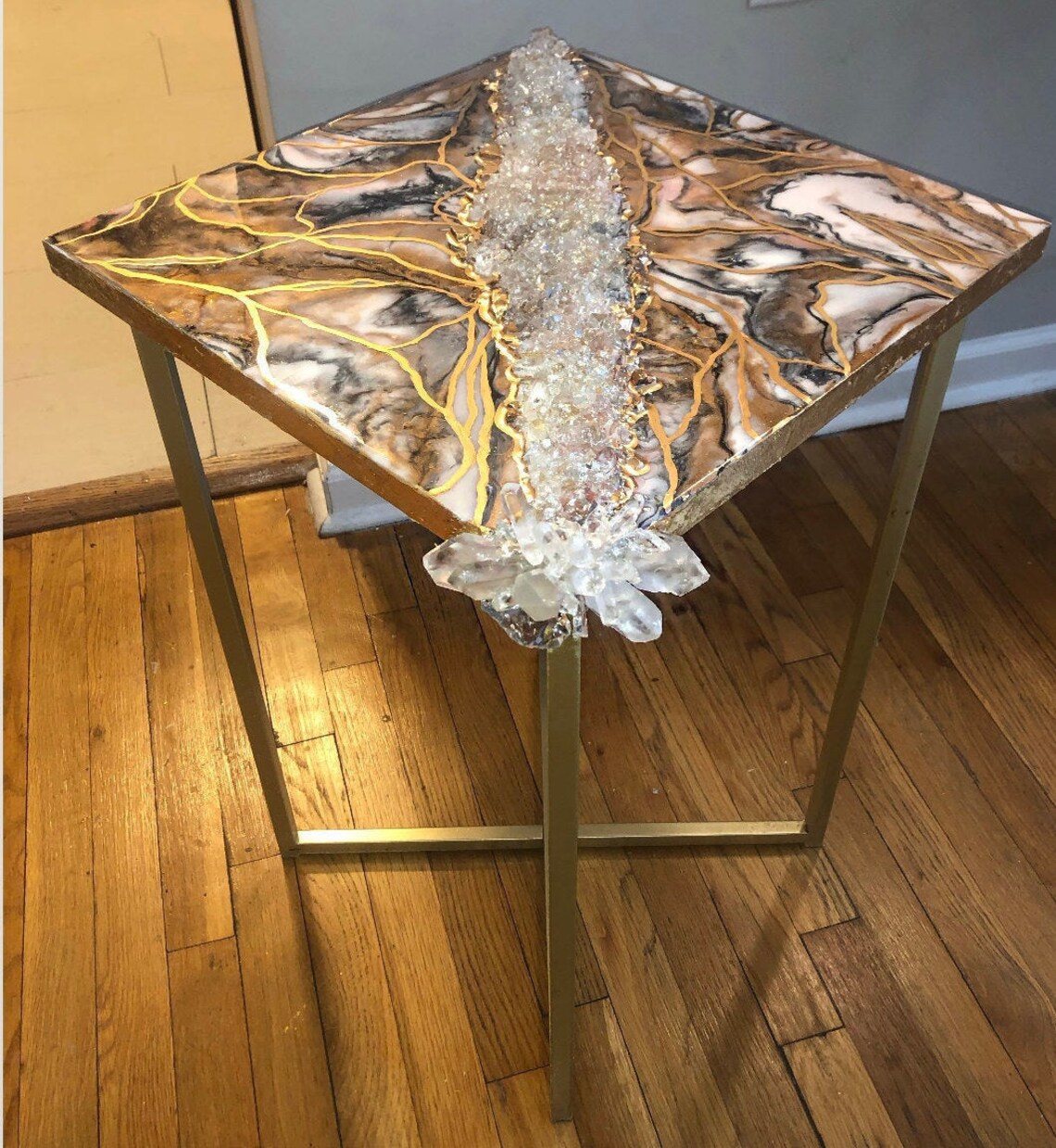 White and gold epoxy resin end table Etsy