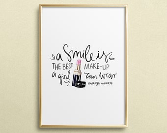 Poster, Print, Wallart, Fine Art-Print, Quotes, Sayings, Typography, Art: A smile is the best make-up a girl can wear - fashion, gift idea