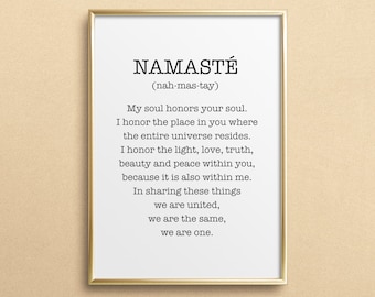 Póster, impresión, impresión artística, impresión digital, cita, refranes: Namaste + significado - yoga, meditación, espiritualidad, calma, paz, regalo