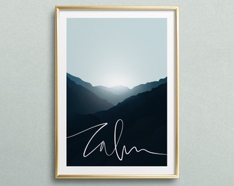 Poster, Print, Kunstdruck, Digitaldruck, Quote, Zitat, Sprüche: Calm Mountains - Yoga, Ruhe, Entspannung, Geschenkidee, Wandbild, Landschaft